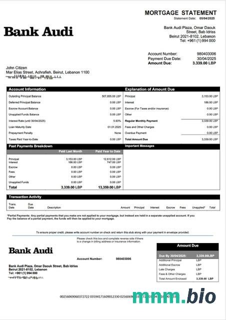 Liban Bank Audi wyciąg z kredytu hipotecznego szablon Word i PDF